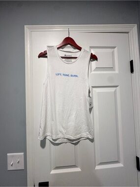 Pure Barre White Tank with Blue 'LIFT. TONE. BURN.' Text